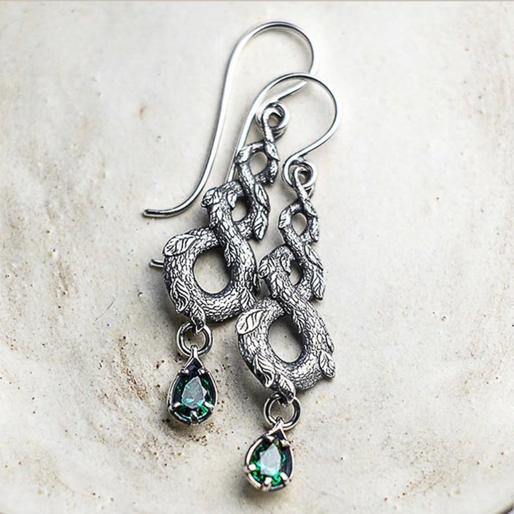 💝Ethnic Twisted Retro Silver Plated Emerald Gemstone Leaf Earrings, UNVN12484
